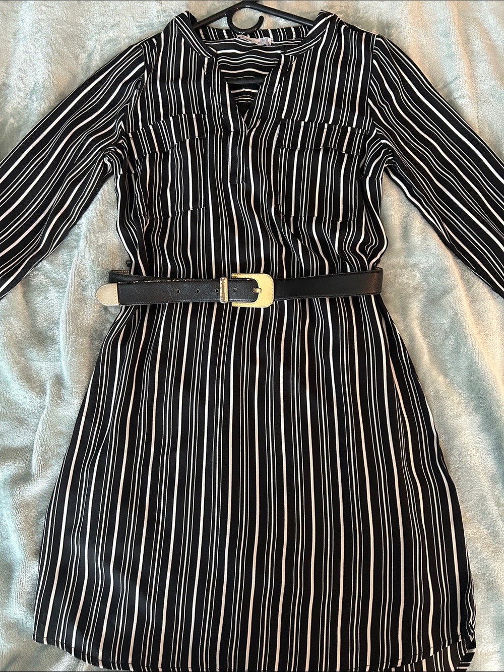 Christian Dior Black Belt and DEX Black and White Striped Women's Shirt Dress